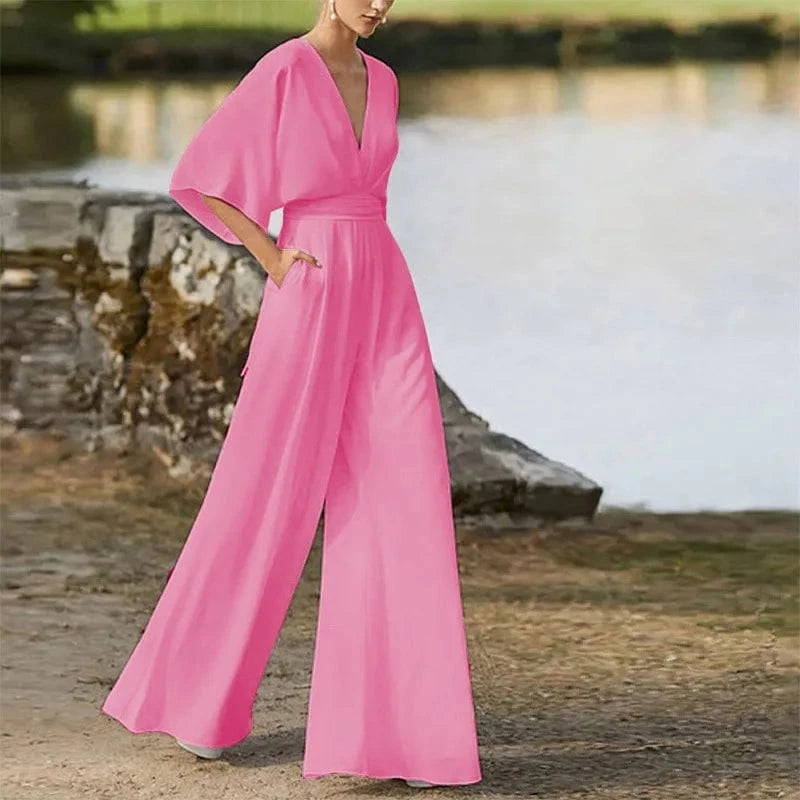 S / Pink Plus Size Elegant Office Jumpsuits Women Long Rompers 2024 Summer Casual Solid Color Ruffled Off Shoulder Overalls Streetwear
