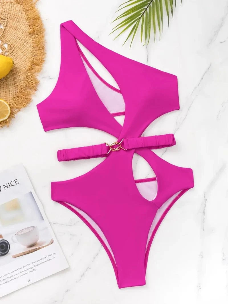 S / Pink Sexy High Cut Swimwear Women One Piece Swimsuit Bandage Bathing Suit One Shoulder Monokini Belt Bathing Suit 2024