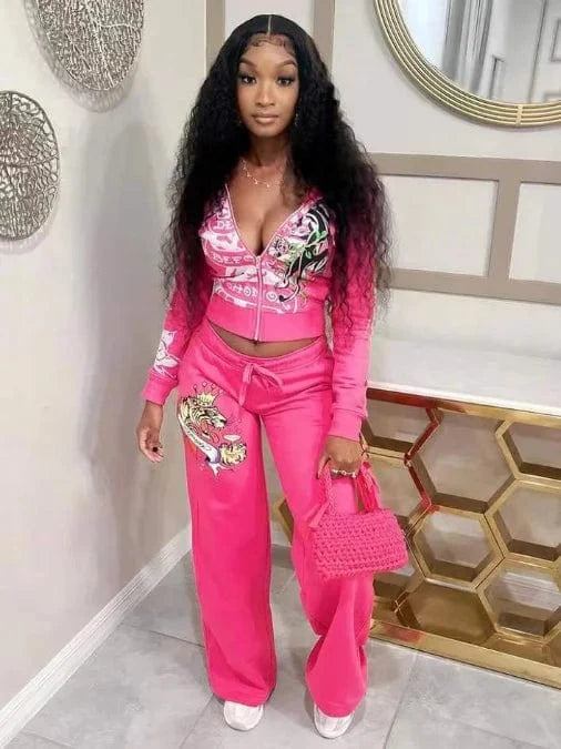 S / Pink Spring Pink Zip Hooded Crop Tops Streetwear Suit 2024 Printed Two Piece Pants Set Women Casual Tracksuits Hooded Jogger Suits