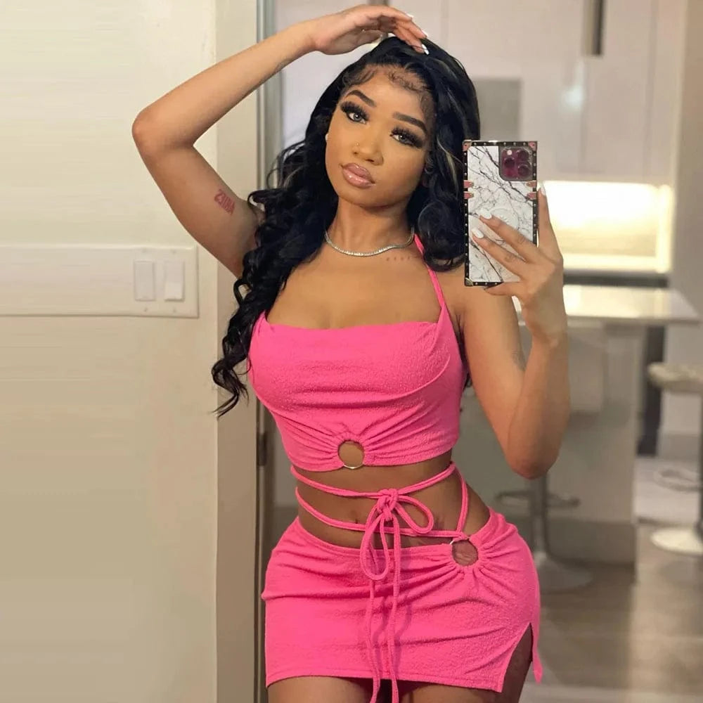 S / Pink Summer 2024 woman clothing 2 set mini skort and top cord set women