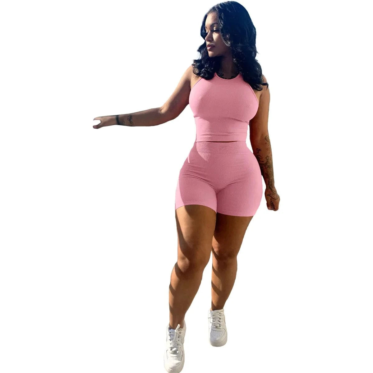S / Pink Summer Women custom logo solid color women fashion sexy pit strip two piece set sports fitness 2 piece set casual for women