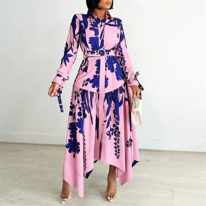 S / Pink with belt sale women lady elegant office lady business work white floral print long sleeve long shirt dress 2024 spring outfit with belt