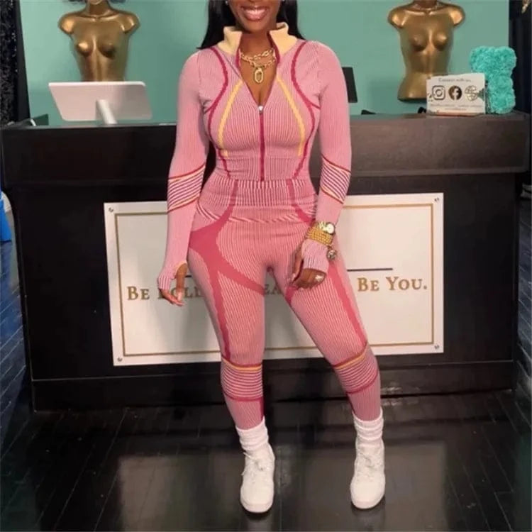 S / Pink Women Printed Sports Tracksuit Fashion Long Sleeve T-Shirt And Legging Pants 2024 Fall Chic Two Piece Trousers Set