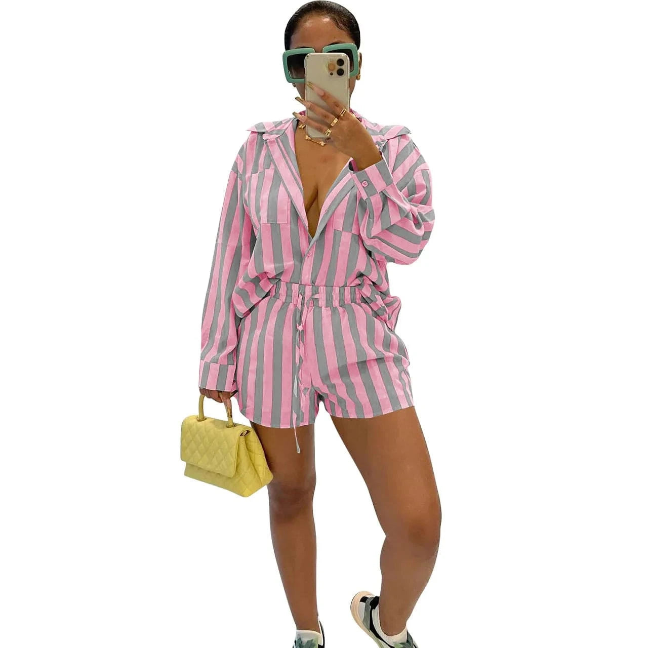 S / Pink YD8762 New collection fall 2024 women clothes stripe long sleeve shirts mini shorts women's sets casual loungewear two piece set