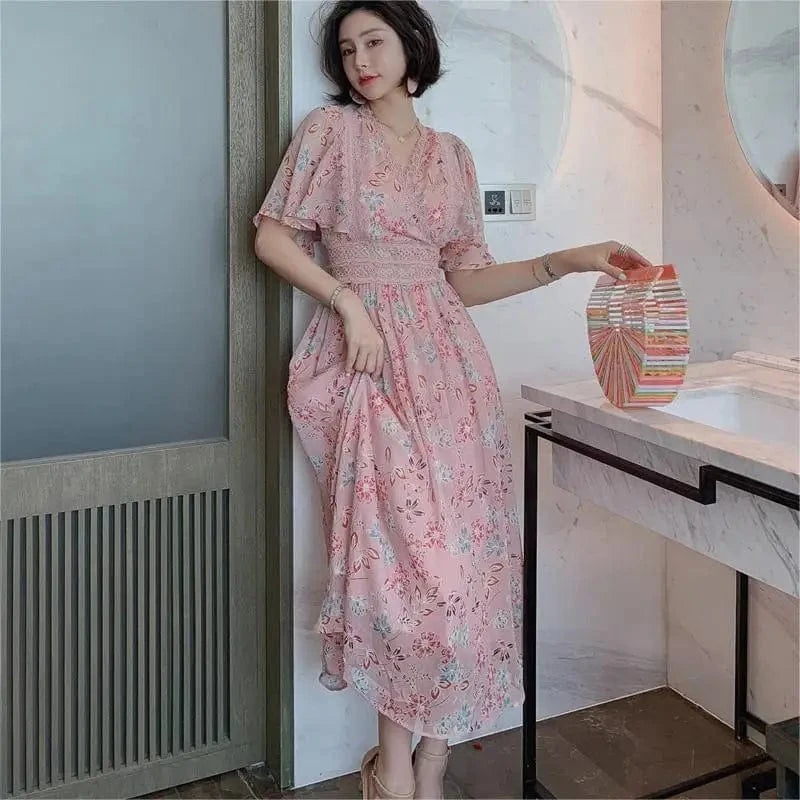 S / Pink ZYHT 1840 2024 Women Elegant Fashion Long Chiffon Dress Summer Boho Beach Ruffle Sleeve Maxi Floral Korean dress