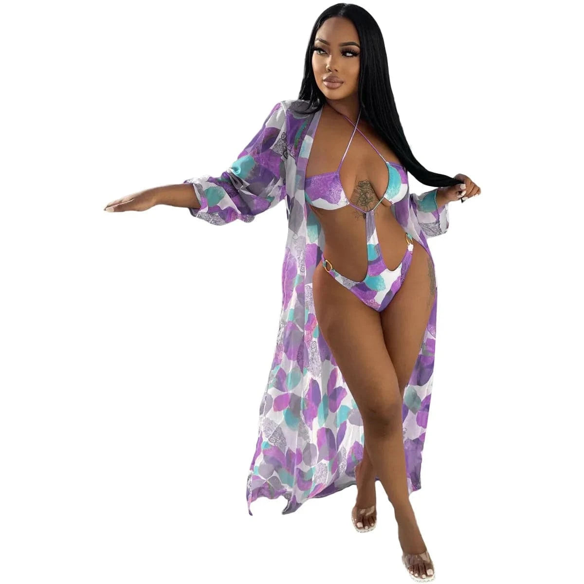 S / Purple 2022 New Bikini Latest cut out Design Beach Dress Women Two Piece Underwire Chiffon Swimwear Bathing Sexy Suits With Cover Up