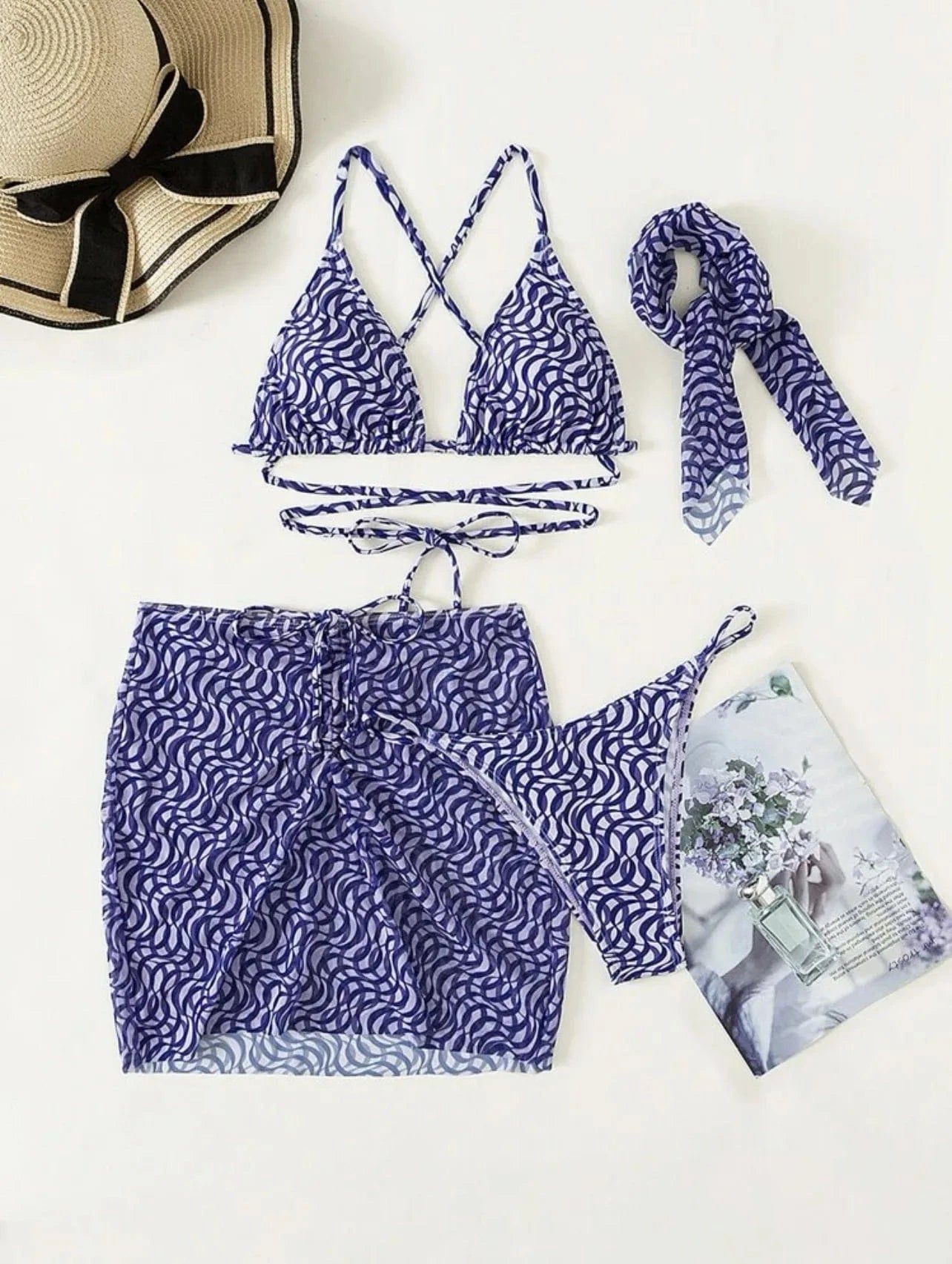 S / Purple 2024 summer S-XL swimsuit cover ups women beachwear 3 piece bikini set with headband