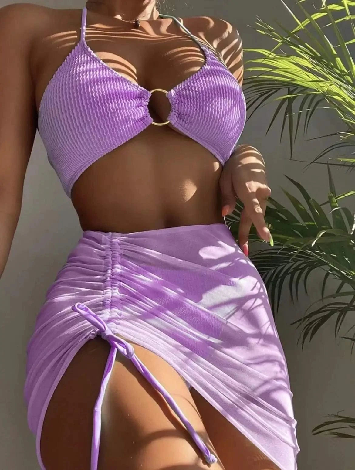 S / Purple 3 Pieces Mesh Skirt Swimsuit Women Halter Micro Ribbed Bikini 2024 High Waist Swimwear Sexy Solid Beachwear Bathing Suit Biquini