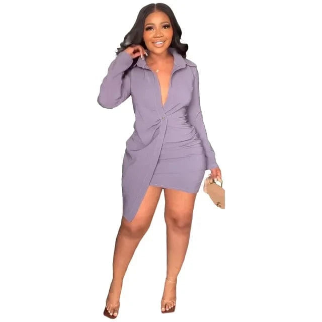 S / Purple Casual Women Dress Shirt Solid Color Turn Down Collar Streetwear Mini Dress Bodycon Dresses For Women Vestidos