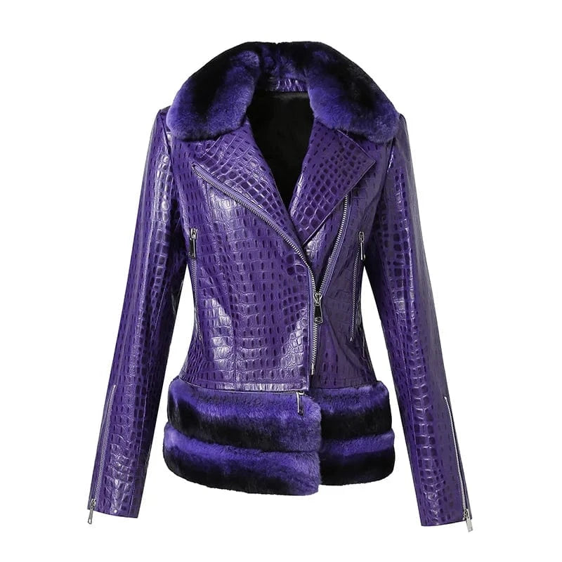 S / Purple Fashionable Crocodile Print Fur Trim Sheep Leather Shearling Jacket Women Leather Jacket With Detachable Rex Rabbit Fur