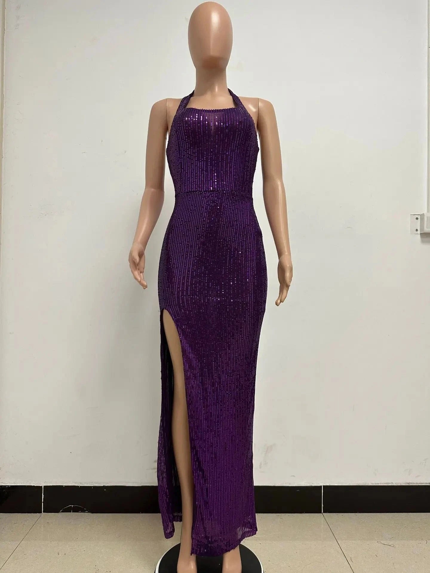 S / Purple Glitter halter sleeveless backless split sliver gold black sexy prom lady maxi elegant party sequined evening dresses for women