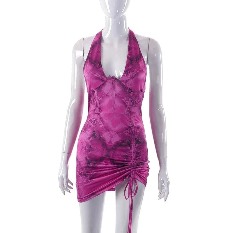 S / Purple Liu Ming Summer Y2K Women Clothing Halter Print Sexy Tight Bodycon Mini Dress