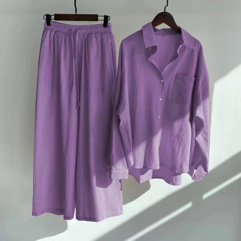 S / Purple New 2024 Hot Sale Chic Design Solid Color Long Sleeve Linen Blouse Pants Set Women Plus Size Two Pieces Sets