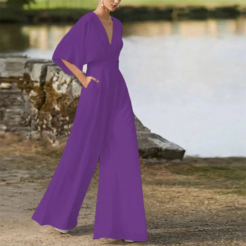 S / Purple Plus Size Elegant Office Jumpsuits Women Long Rompers 2024 Summer Casual Solid Color Ruffled Off Shoulder Overalls Streetwear