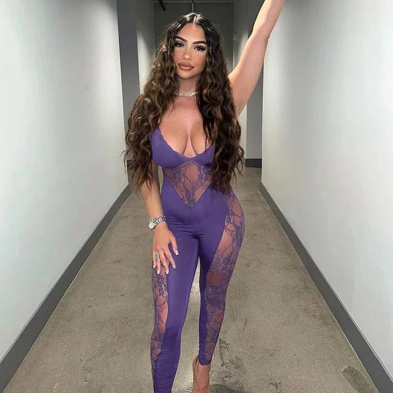 S / Purple Wholesale summer mesh patchwork see through bodycon jumpsuit lace one piece jumpsuits women