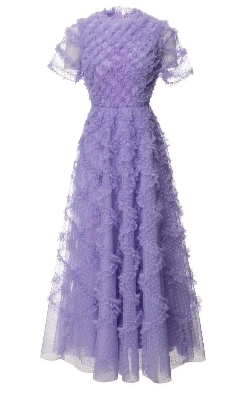 S / Purple XXXL Long Dress 2024 Spring Summer Party Special Occasion Women Polka Dot Print Allover Cascading Ruffle Flower Mesh Maxi Dress