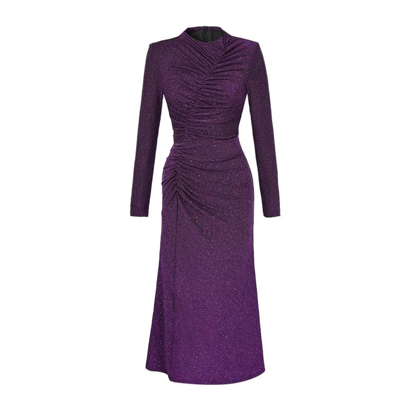 S / Purple ZYHT 30615 Spring 2024 Custom Design Pleated Sequins Shining Long Mermaid Dress Woman Casual Side Slit Dresses