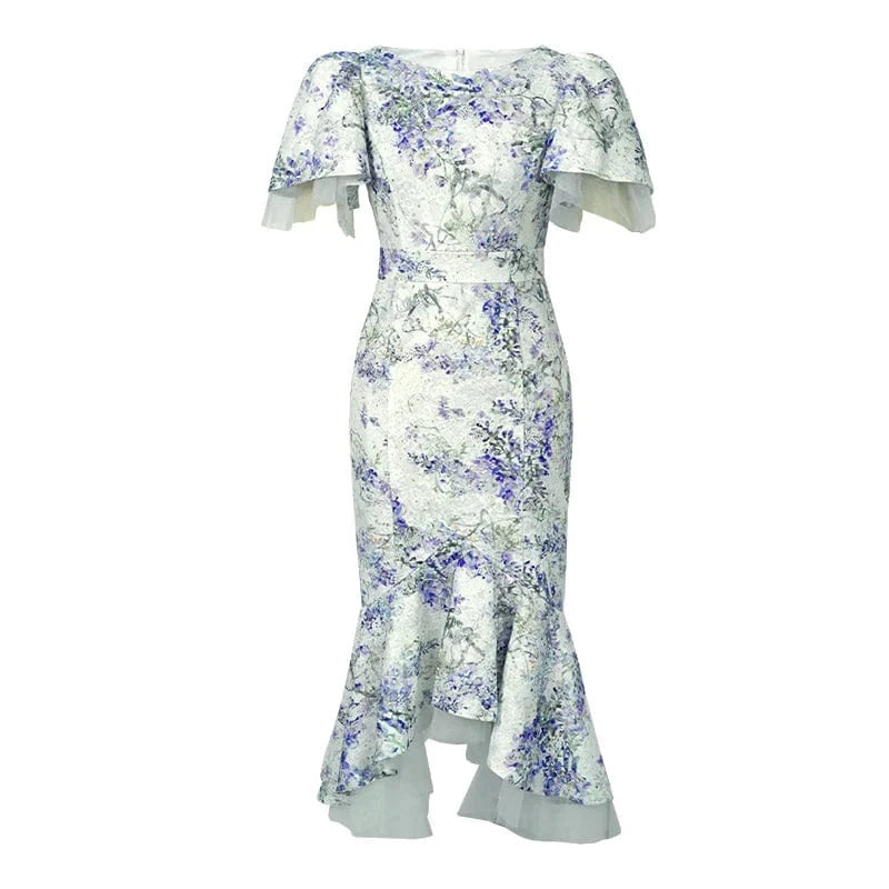 S / Purple ZYHT 50312 2024 Purple Floral Print Ruffled Hem Irregular Fishtail One-piece Dress Temperament Bell Sleeve Casual Fairy Dresses