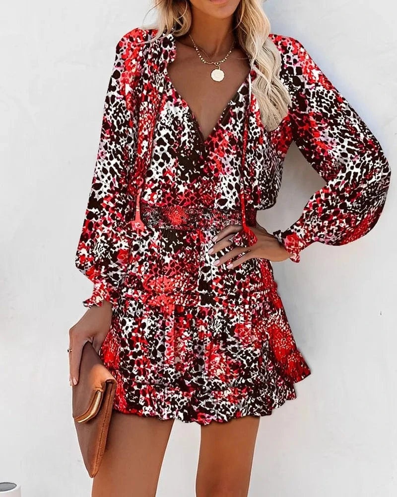 S / Red 2024 New European Women Summer Long Sleeve V-neck Dress Pencil Printed Tight Waist French Female Casual Dress