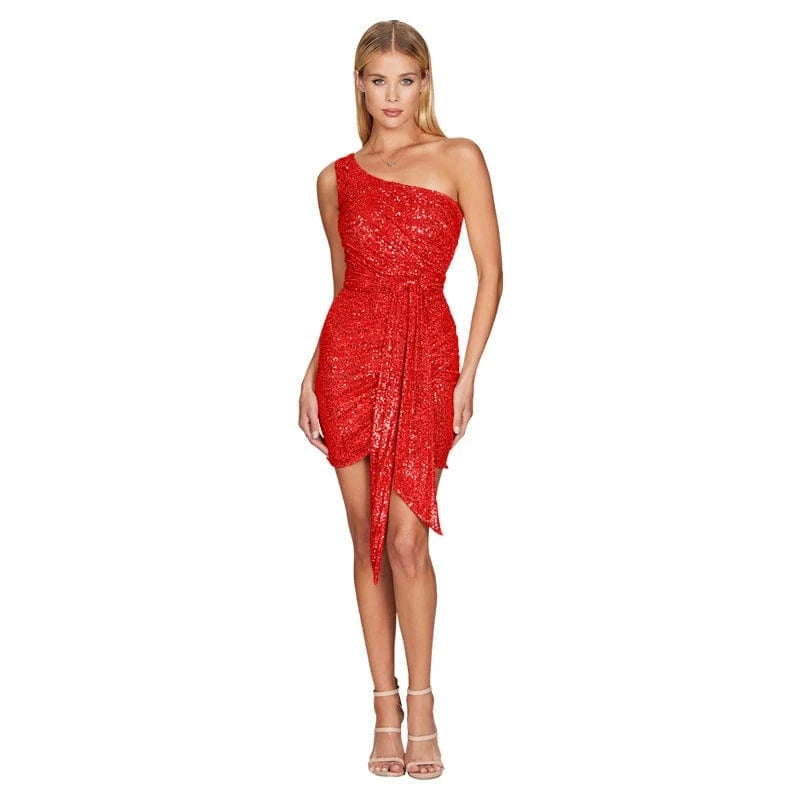S / Red 2024 plus size women ladies birthday red SEXY mini sequin one shoulder short wedding evening party dress dance gown with sequin