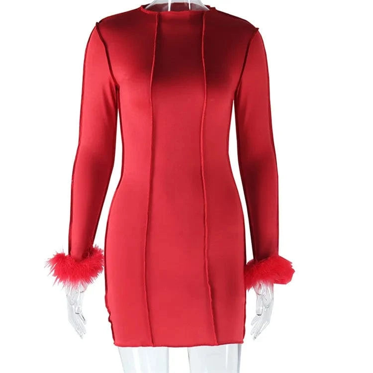 S / Red 2024 Spring Women Long Sleeve Fur Patchwork Bodycon Streetwear Red Mini Dress