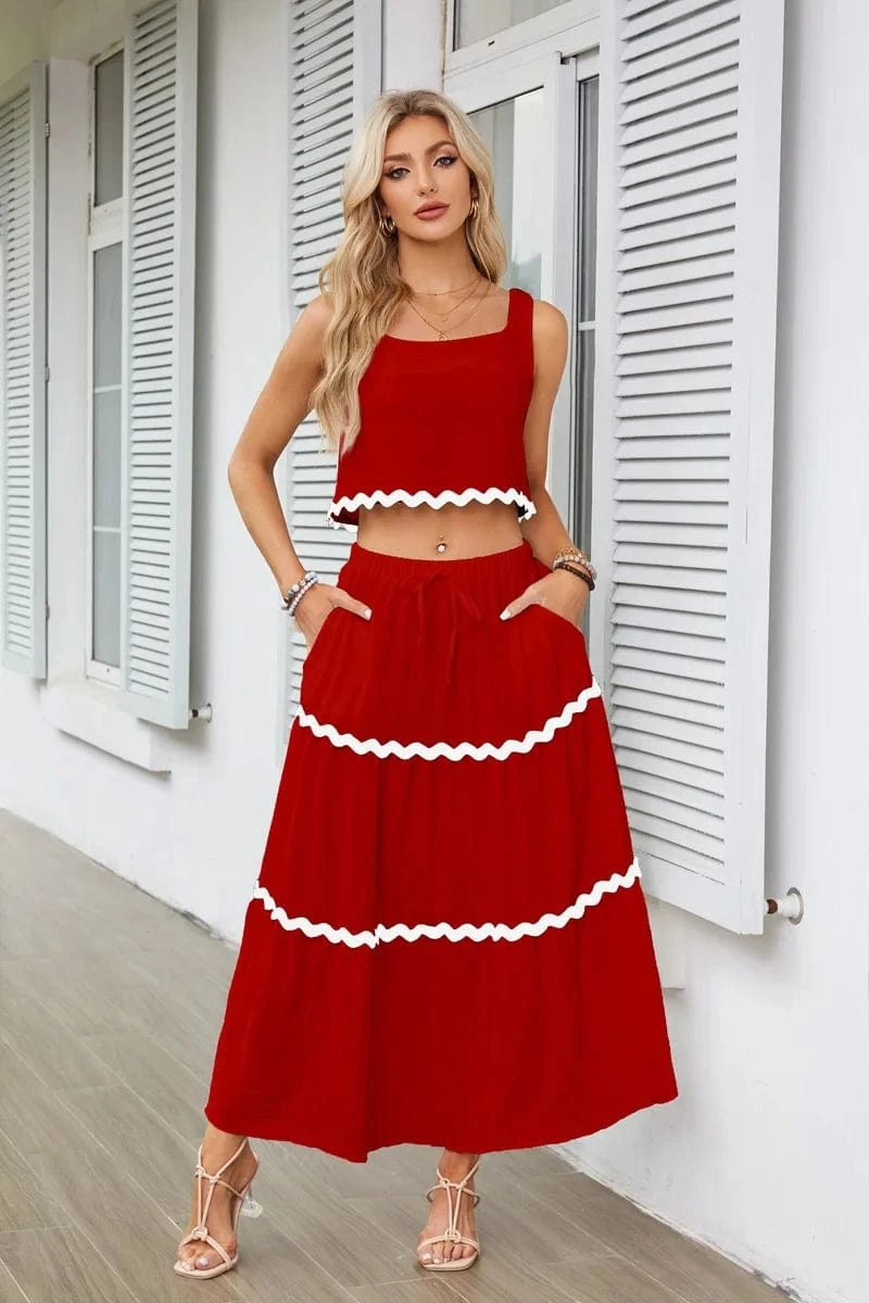 S / Red Casual 2-piece Skirt Set for Summer Women's Skirt Suit 2024 New SLeeveless MIni Vest+Lace-up A-line Skirts Set with Pockets