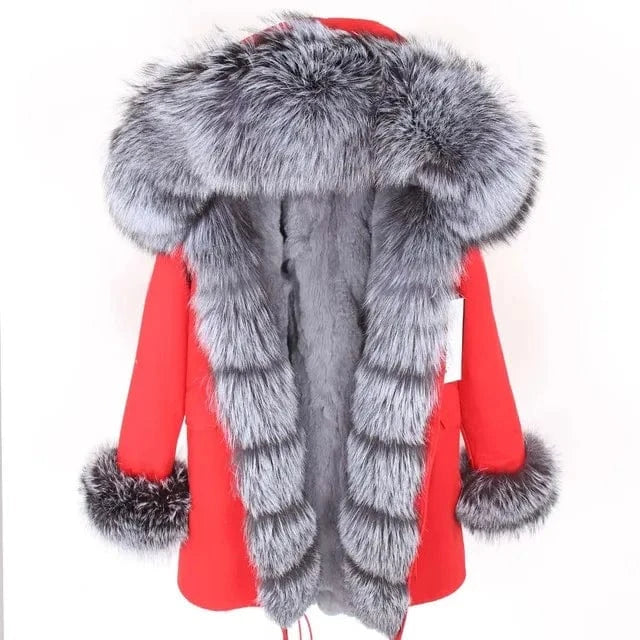 S / Red Drop Ship Maomaokong Real Fur Jacket Natural Rabbit Fur Lined Long Parka Fur Coat