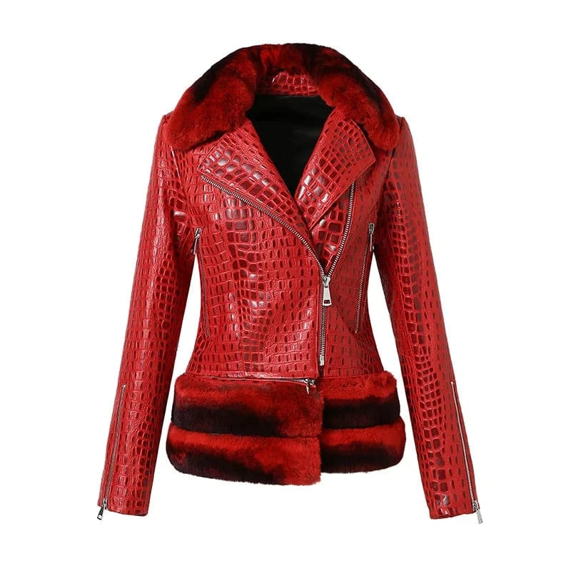 S / Red Fashionable Crocodile Print Fur Trim Sheep Leather Shearling Jacket Women Leather Jacket With Detachable Rex Rabbit Fur