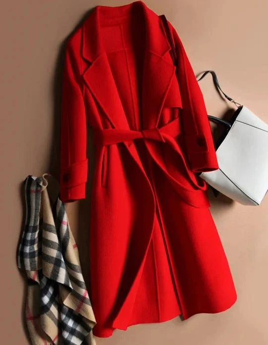 S / Red high-end cashmere Ladies Long Winter Elegant Belt Lapel Overcoat Jacket Women Trench Wool Designer Coat