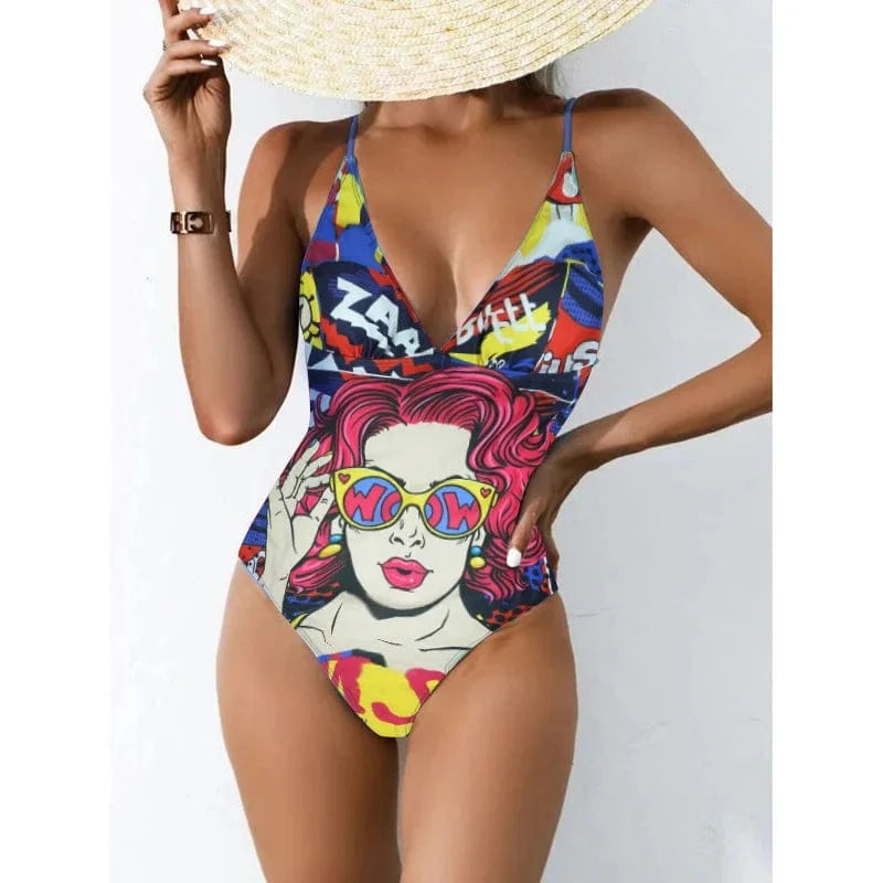 S / Red JSN71003 2024 tendy sling bikini beachwear demon blue eyes monokini bathing suit pattern swimwear sexy women swimsuit