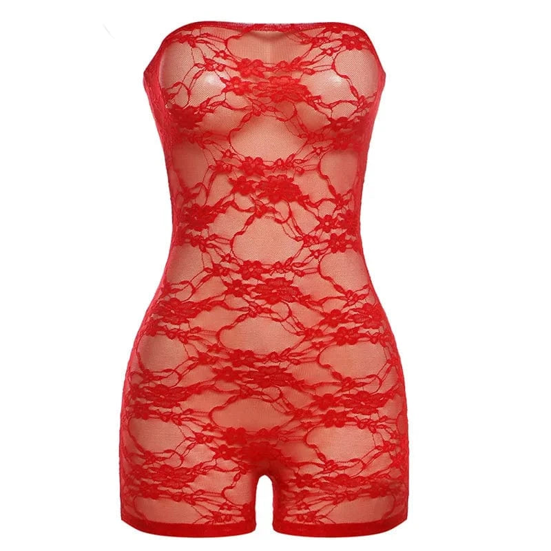 S / Red K24Q43682 New style spring 2024 fashion strapless rompers women jumpsuit see through lace bodycon jumpsuit women sexy jumpsuit