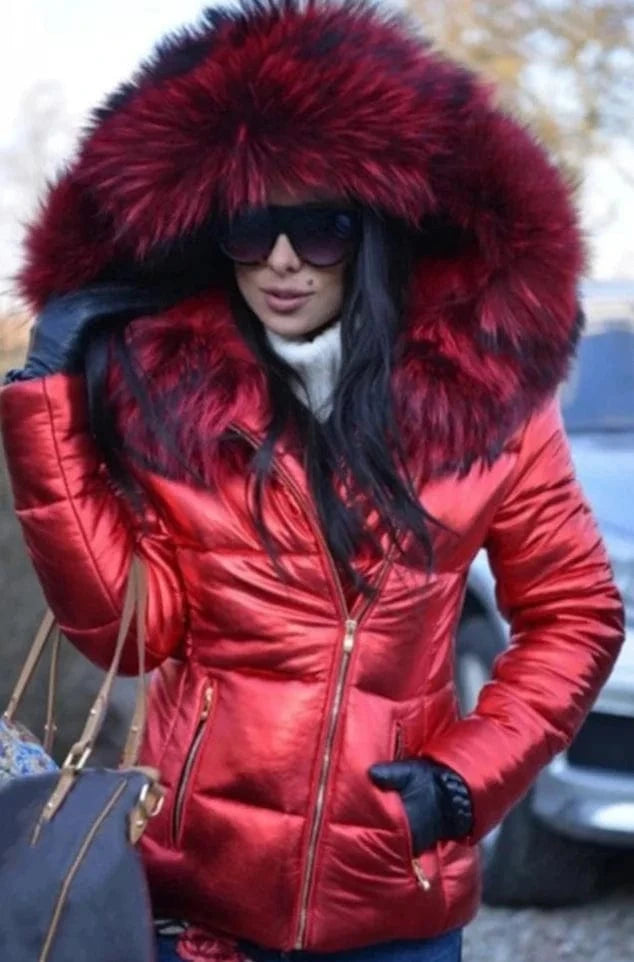S / Red Liu Ming Winter Women Clothing Fashion Hood Faux Fur Collar Outwear Parkas Ladies Down Jacket Plus Size Coat