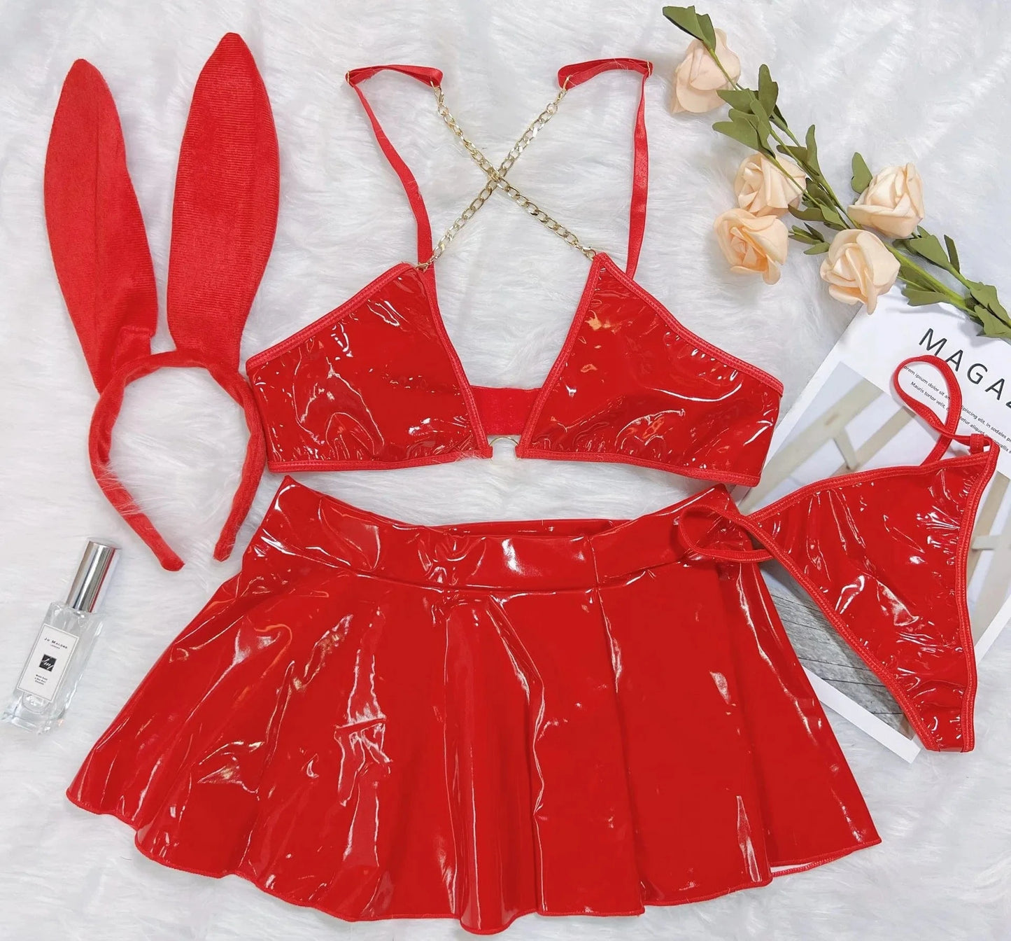 S / Red New Arrivals Bra Set Sexy Underwear Solid Color PU Leather Uniform Rabbit Ear Headband Sexy Two Piece Set Metal Chain Nightclub
