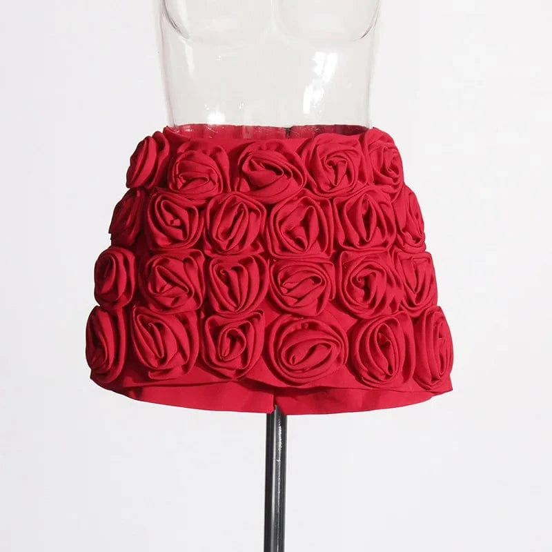 S / Red New Fashion Woman Three-dimensional Rose Decoration Design dance High Waist casual summer Slim Skirt Shorts For Women workout