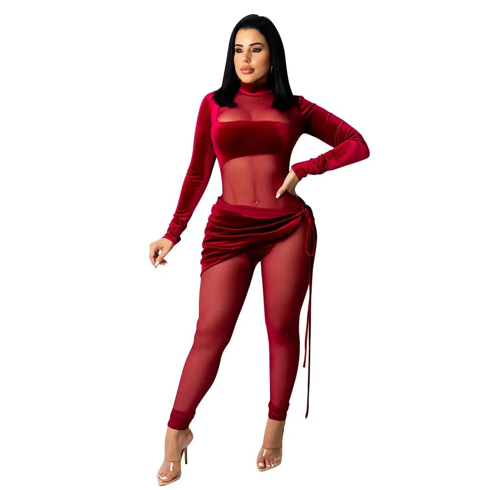 S / Red Os6269 2024 Fall Sexy Women Jumpsuit Long Sleeve Velvet Mesh See Through Patchwork One Piece Romper Plus Size Club Wear