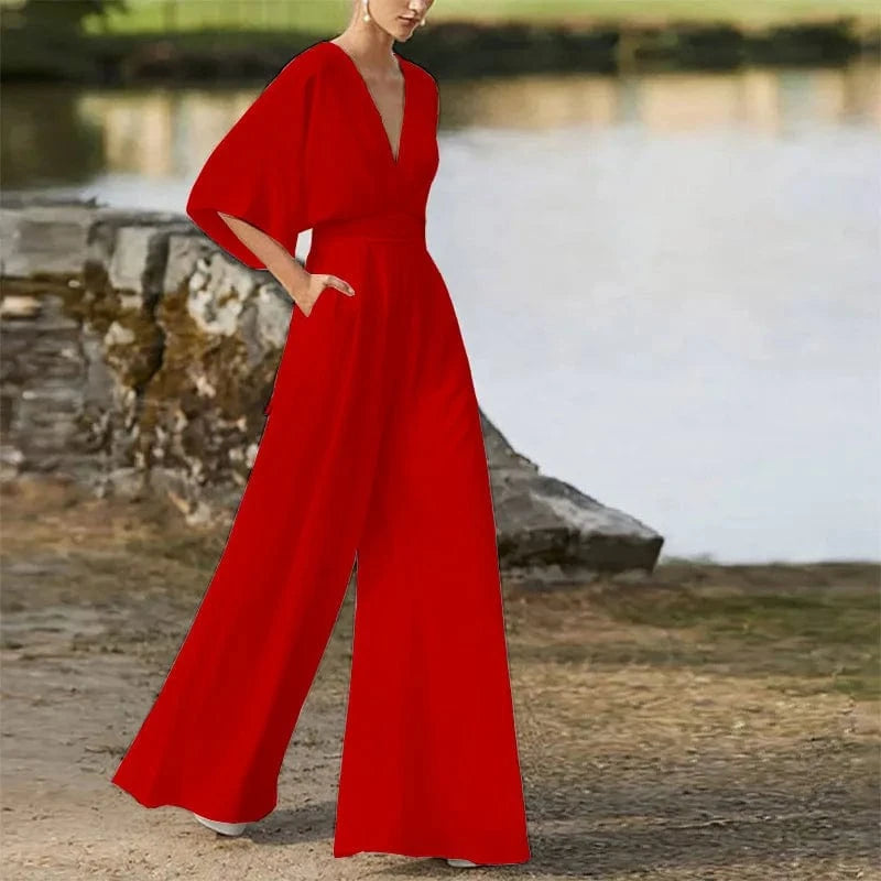 S / Red Plus Size Elegant Office Jumpsuits Women Long Rompers 2024 Summer Casual Solid Color Ruffled Off Shoulder Overalls Streetwear