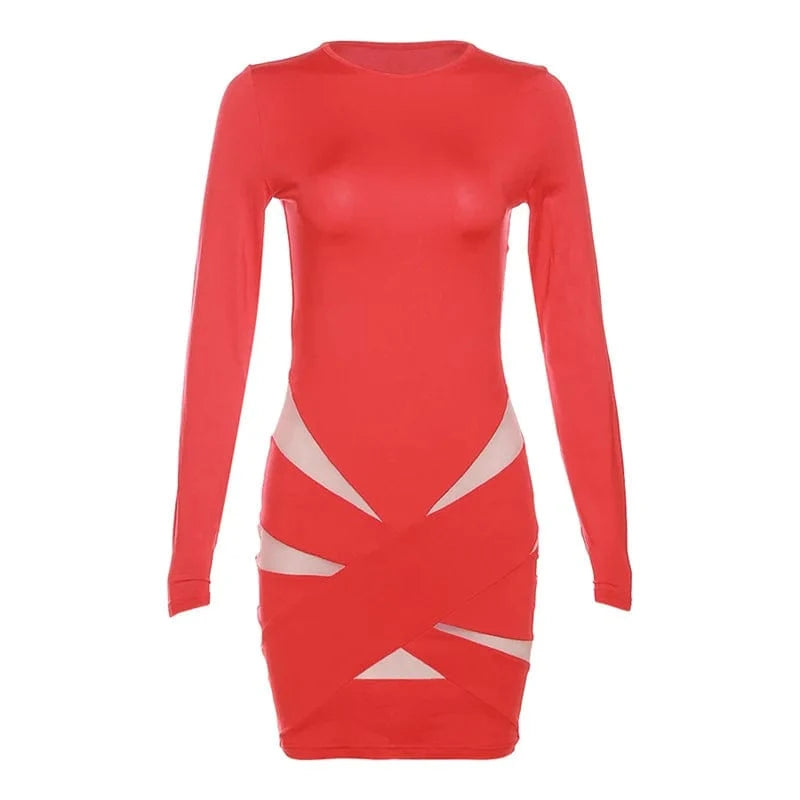 S / Red RNSHANGER Hipster Mesh Patchwork Dress Women Trend o-Neck Long Sleeve Solid Elastic Party Birthday Festival Mini Bodycon Dress