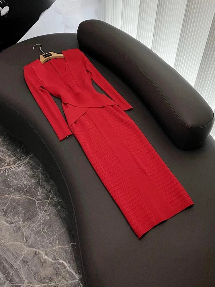 S / Red Sexy V-Neckline Slim Fitted Lady Spring Fall Winter Long Sleeve Stitching Women Solid Long Knitted Dress