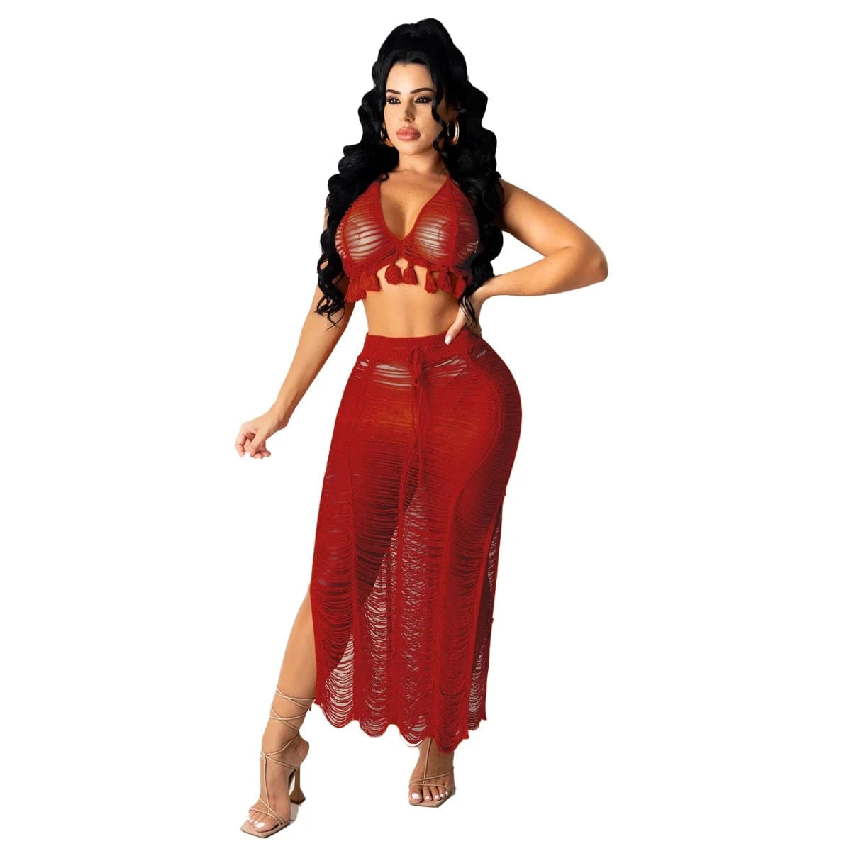 S / Red summer 2024 latex women sexy boho blue crochet beach wear halter bra and midi skirt 2 piece set dress outfit clothing clothes