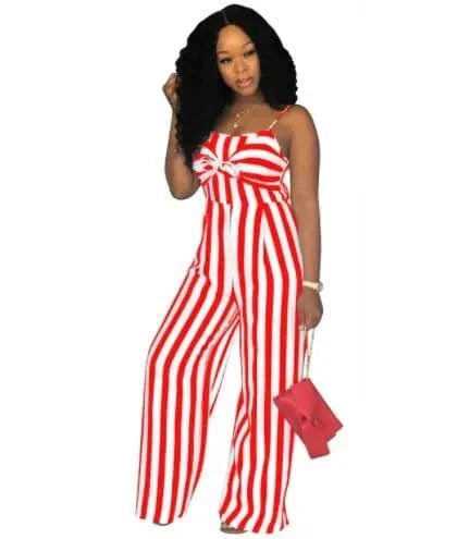 S / Red Summer Backless Striped Jumpsuit Women Sexy Party Clubwear Casual Bowtie Overalls Jumpsuits Plus Size Y11675