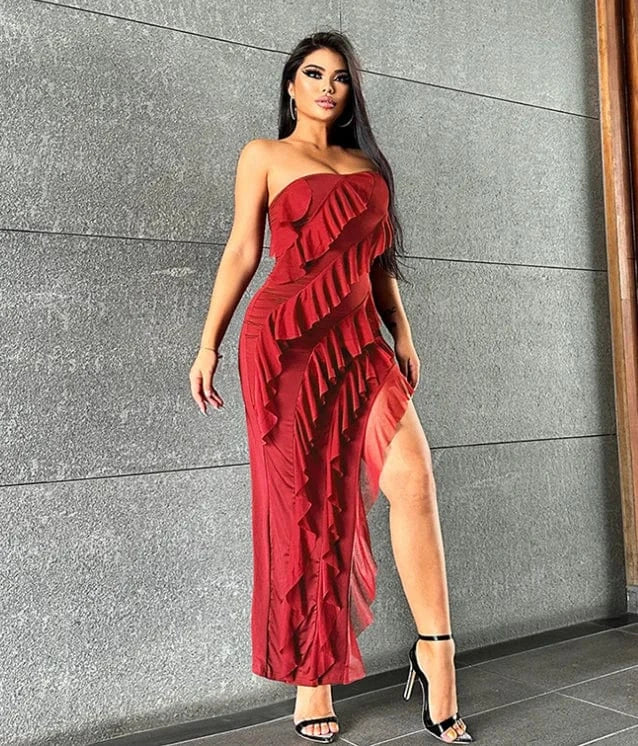 S / Red Summer Chic Slit Maxi Dress 2024 Fashion Strapless Bodycon Dresses For Women Sexy Party Split Ruffles Long Dress