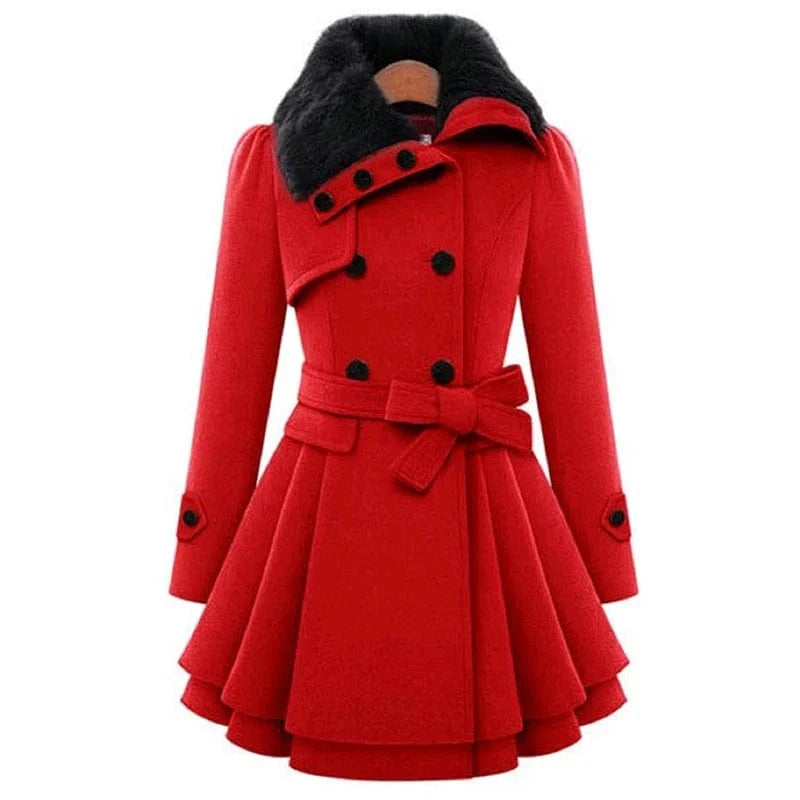 S / Red Wholesale New Fashion Women Girls Fur Collar design warm long plus size double breast button belt sur collar winter coat women