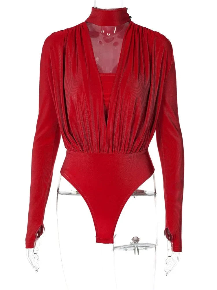S / Red ZHEZHE Spring 2024 New Jumpsuit Sexy V Neck Hollow Bodycon Romper Bottoming Stitching Long Sleeve Bodysuit Women