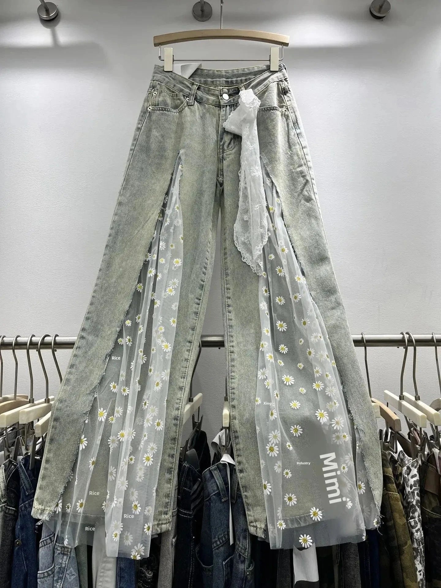 S / Retro Blue Women's Embroidered Hollow out Wide Leg Jeans Straight Cut Loose Long Trousers Spring Summer Fashionable Cargo Pants
