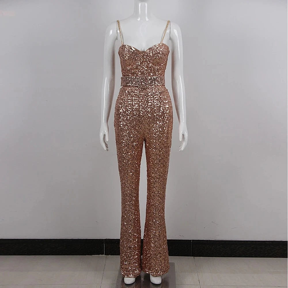 S / Rose gold Factory Direct Sales Formal Sexy Sequin Jumpsuit Women Elegant Playsuit Rompers Jumpsuits with Belt