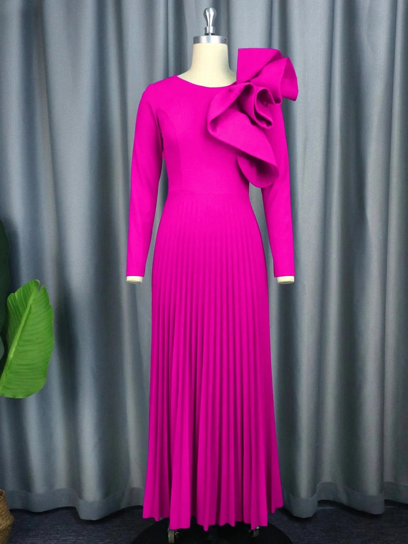 S / Rose High Waist Maxi Pleat Church Dresses Ruffle Hot Pink Ladies Evening Dress