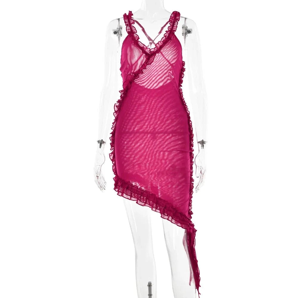 S / rose red Bomblook C909DS03 Sexy Streetwear Sleeveless Mesh Cami Outfits Solid Color Mini Irregular Ruffle Dresses Women Fashion