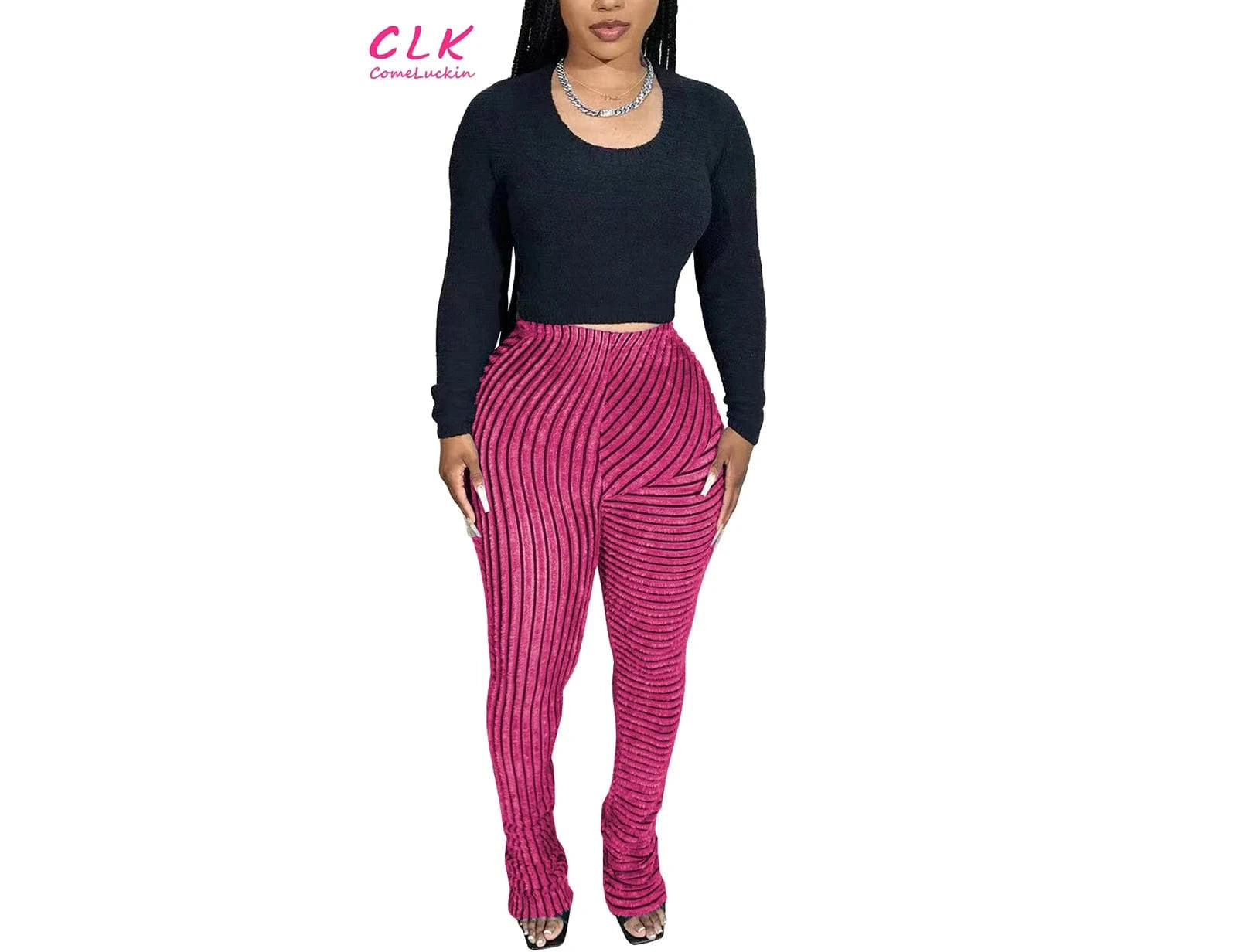 S / rose red Wholesale 2024 Autumn New Arrival Women Stripe Long Pants Breathable High Waist Women Elastic Casual Pile Up Pants