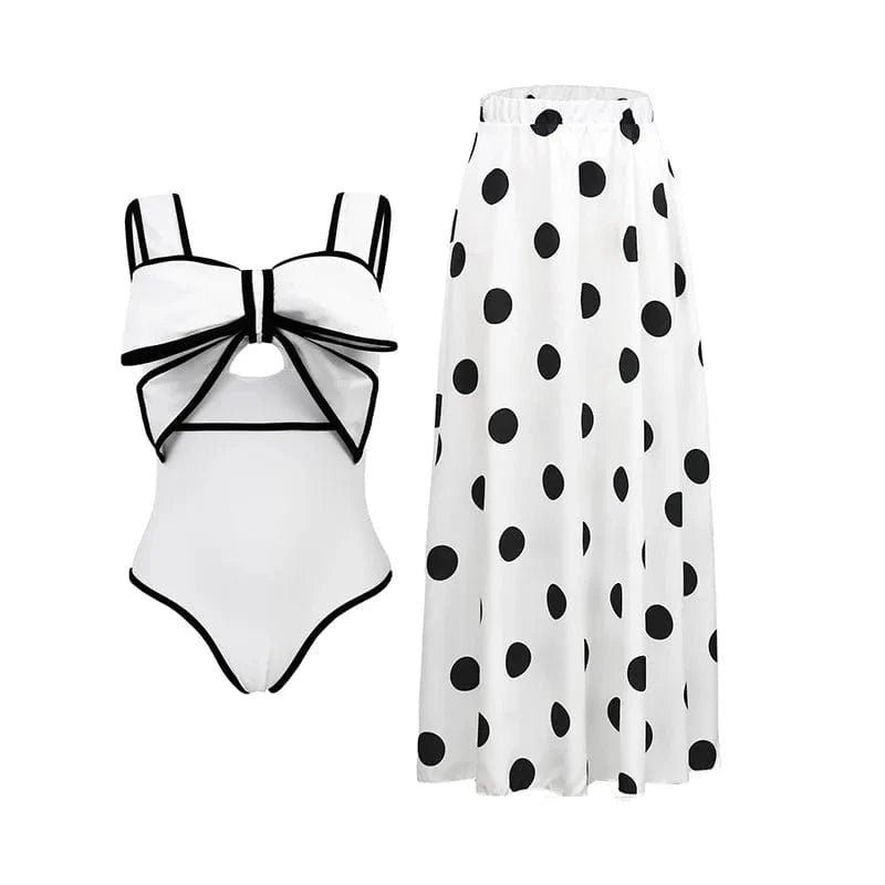 S / Set 1 2024 Vintage Black and White Bow One Piece Swimsuit and Skirt Swimwear Women Bikini Set Beachwear Cover Ups