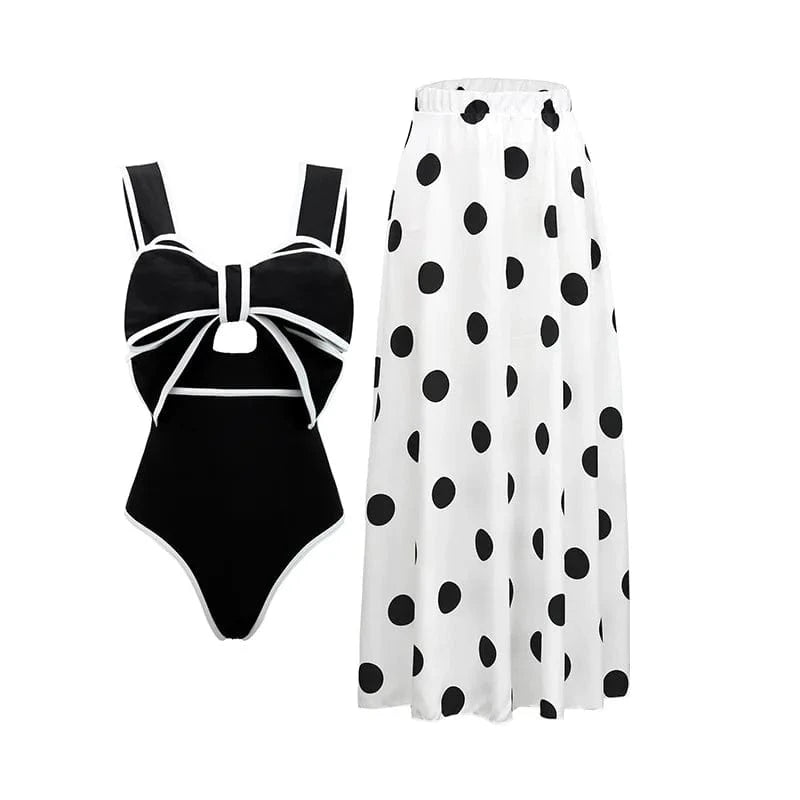 S / Set 2 2024 Vintage Black and White Bow One Piece Swimsuit and Skirt Swimwear Women Bikini Set Beachwear Cover Ups
